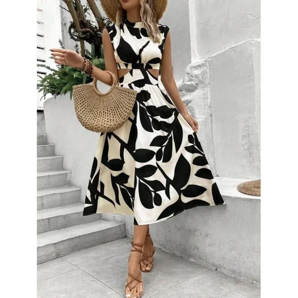 Boho Leaf Print Cut Out Waist Dress - Picture 4 of 9